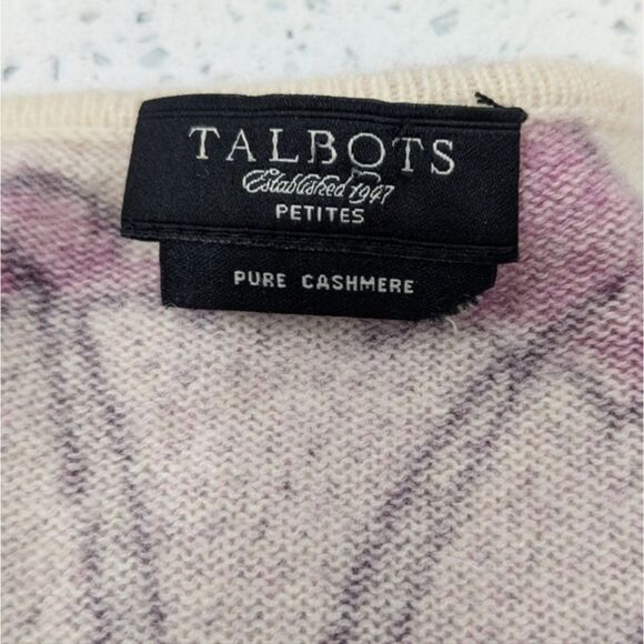 Talbots Petite Pure Cashmere Purple Gray Floral Cardigan Sweater 3/4 Sleeve SP - Picture 7 of 8